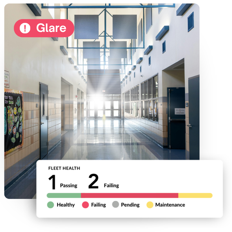 school hallway with glare display of image health record showing 1 healthy and two unhealthy images found